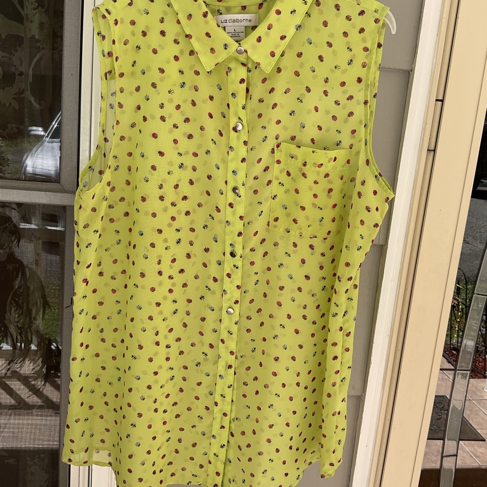 LIZ CLAIBORNE Lime Green Ladybugs Large Sleeveless Sheer Womens  Blouse Top EUC